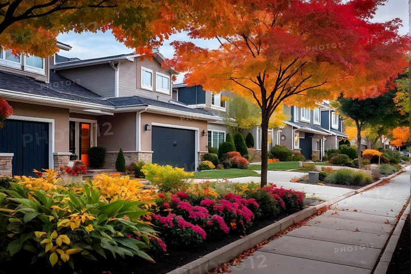 A serene suburban street featuring modern homes in autumn with colorful plants, AI generated