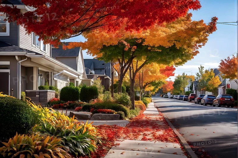 A serene suburban street featuring modern homes in autumn with colorful plants, AI generated