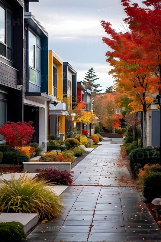 A serene suburban street featuring modern homes in autumn with colorful plants, AI generated