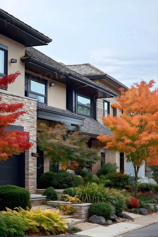 A serene suburban street featuring modern homes in autumn with colorful plants, AI generated