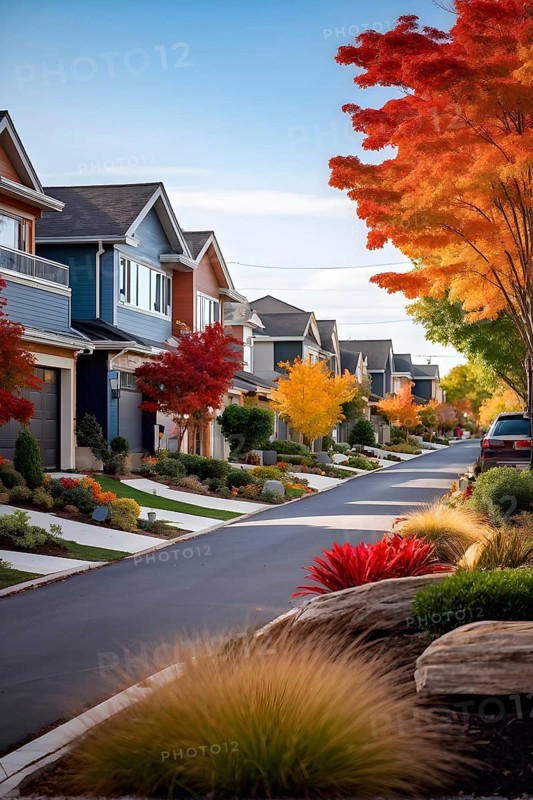 A serene suburban street featuring modern homes in autumn with colorful plants, AI generated