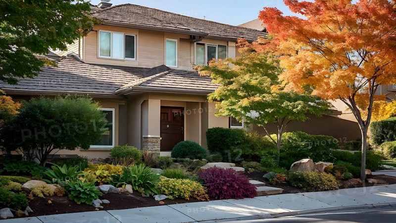 A serene suburban street featuring modern homes in autumn with colorful plants, AI generated
