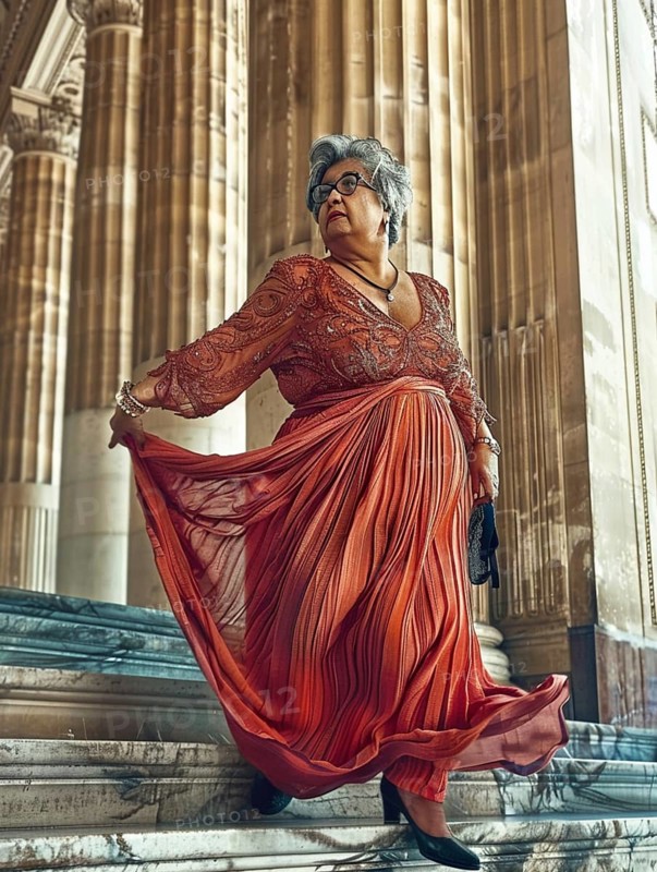 Statuesque woman in an elegant red dress, poised gracefully on a grand marble staircase with columns in the background, AI generated
