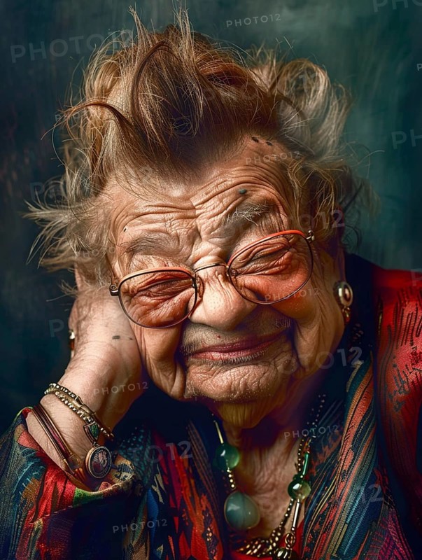 Elderly woman with glasses and smile, wearing colorful clothing and jewelry exuding warmth and wisdom, AI generated