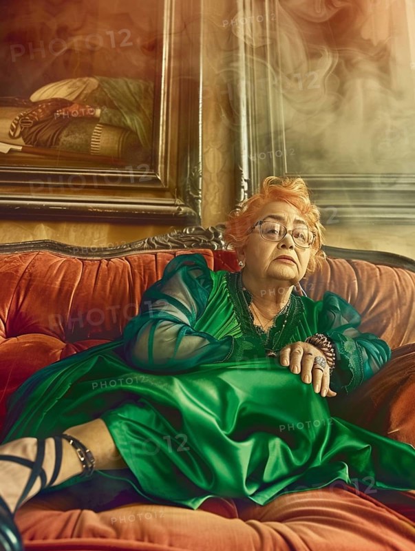 Elderly woman with orange hair and glasses in a green dress, reclining on a plush sofa with framed artwork behind her, AI generated