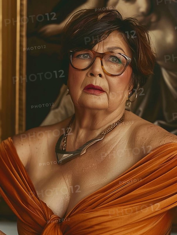 Older woman with short hair and glasses, dressed in an orange dress with a necklace, against a classical background, showing a serious expression, AI generated