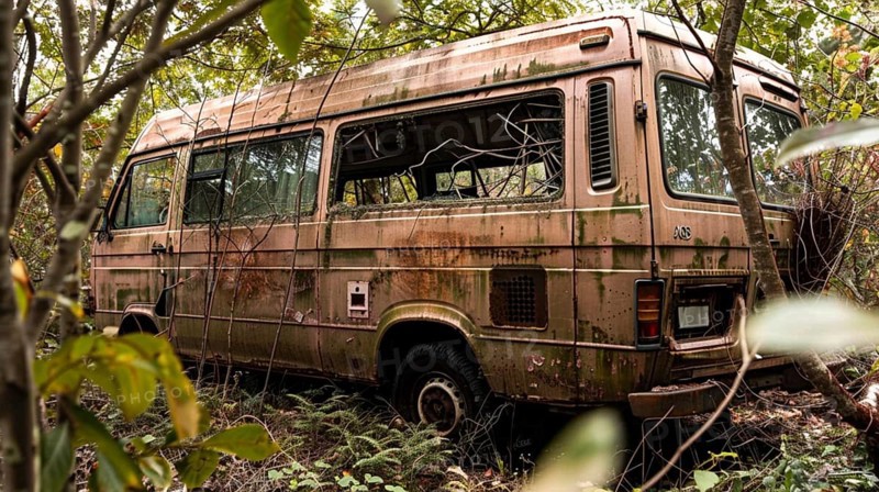 An old rusted van overgrown by plants in a forest, showing signs of decay and nature reclaiming the space, AI generated