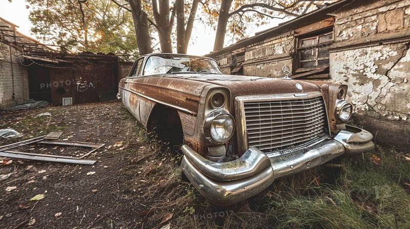 Front view of an old, rusted car parked next to a crumbling building, partially overgrown with vegetation, AI generated