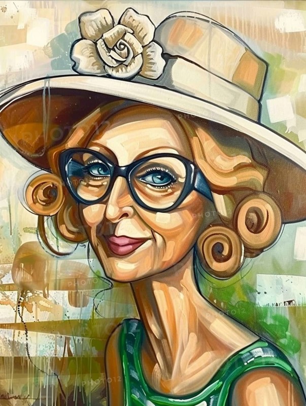 A cheerful cartoon-style portrait of an older woman wearing glasses and a hat with a flower, featuring colorful and playful elements, AI generated