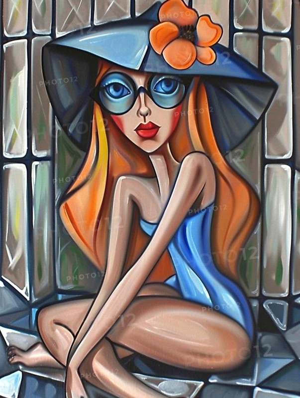 A playful cartoon-style woman with glasses wearing a hat and swimsuit, sitting in a relaxed pose with vibrant colors, AI generated