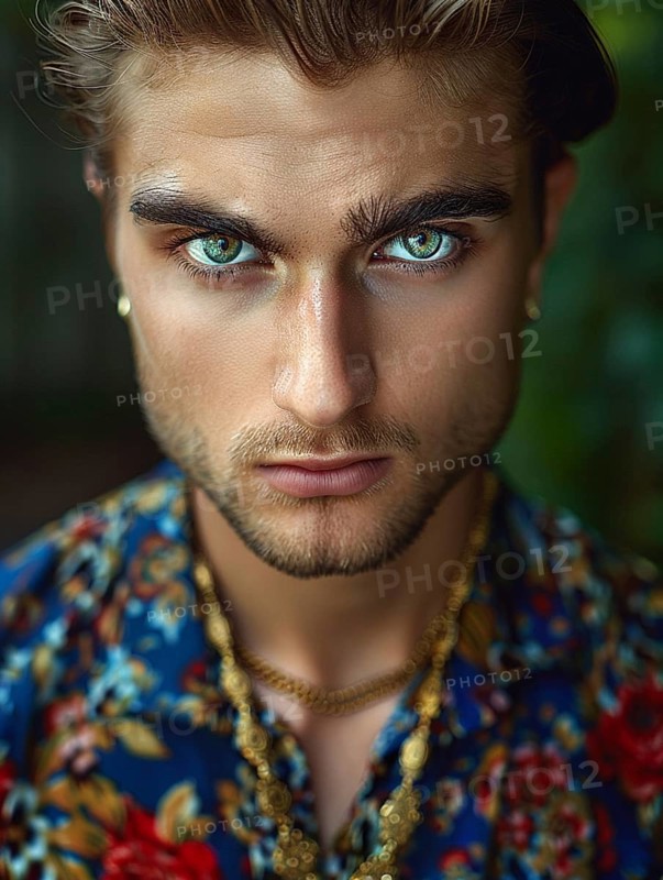 Close-up portrait of a man with an intense gaze, wearing a blue floral shirt and a gold chain, AI generated