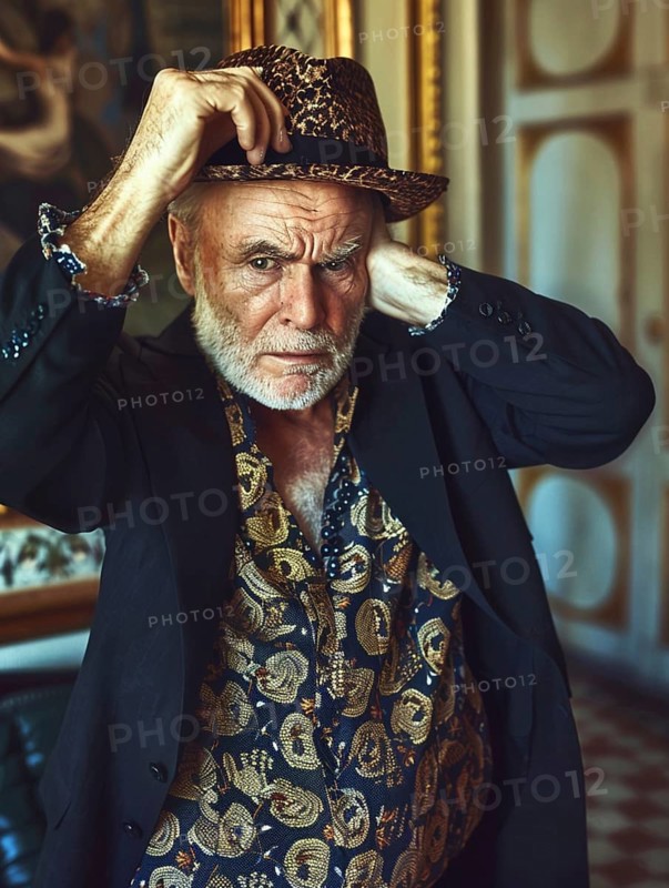 Elderly man wearing a leopard hat and patterned shirt looks thoughtful in a vintage setting, AI generated
