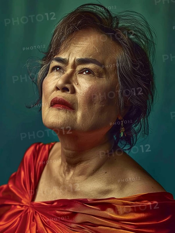 Elderly woman in a red dress with a thoughtful expression, captured in dramatic lighting, AI generated