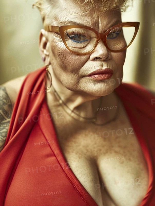 Elderly woman with short hair and tattoos, wearing glasses and a red dress, exhibits a serious expression, AI generated