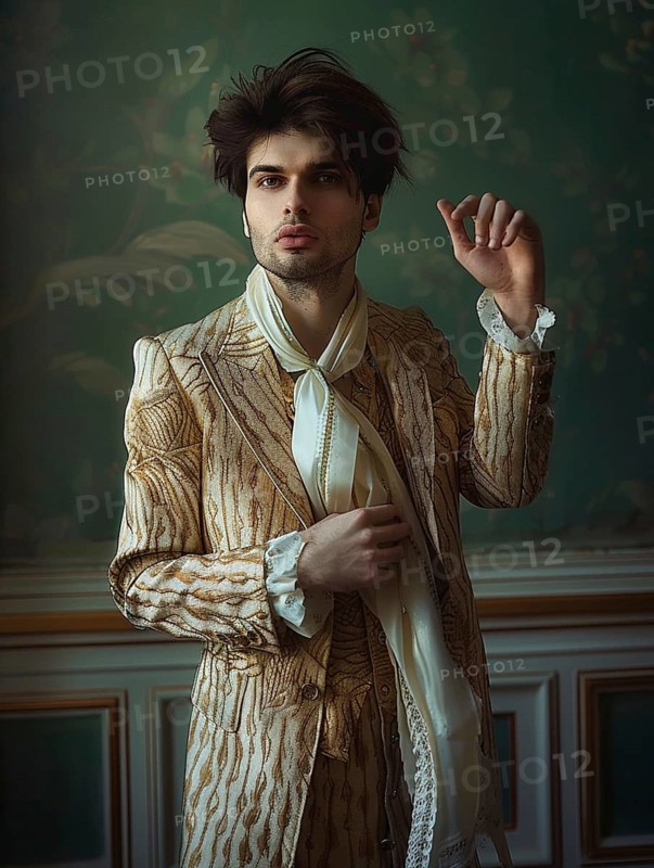 Man dressed in elegant attire with a bow tie in a sophisticated pose against an ornate, green background, AI generated