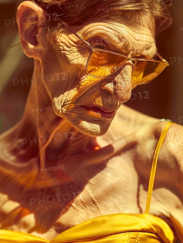Old man with yellow sunglasses and outfit, showcasing deep wrinkles and a serious expression in dramatic lighting, AI generated