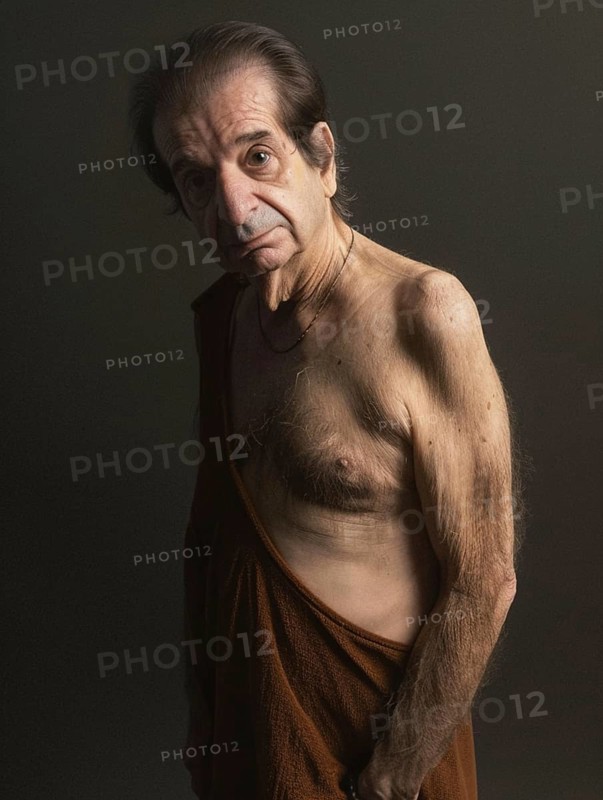 An elderly man, shirtless and draped in brown cloth, stands against a dark background with a solemn expression, AI generated