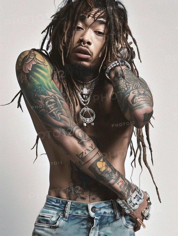 A shirtless, tattooed man with dreadlocks, wearing jeans and multiple pieces of jewelry, exudes confidence, AI generated
