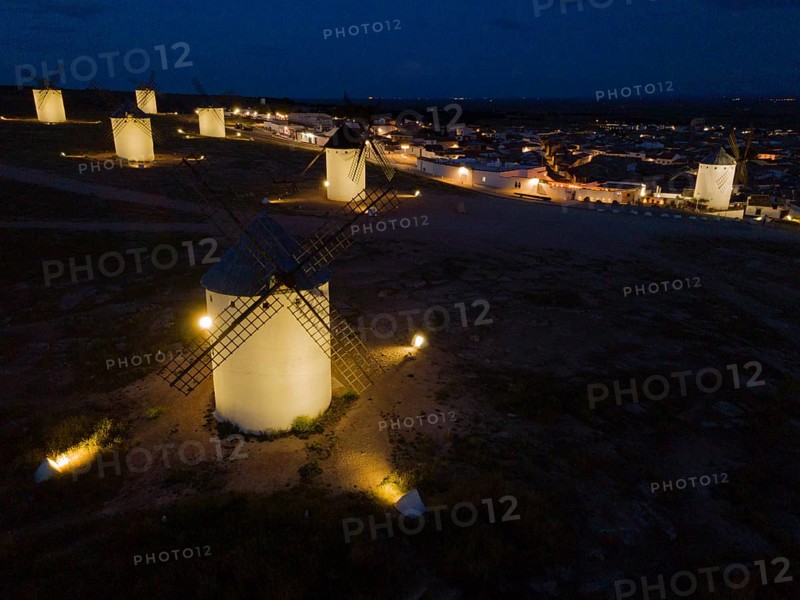 Illuminated windmills in a village at night, aerial view, windmills, Campo de Criptana, Ciudad Real province, Castilla-La Mancha, Route of Don Quixote, Spain, Europe