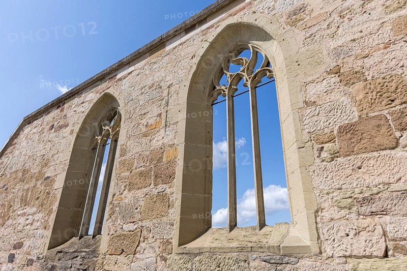 Historic walls of the former pilgrimage church of St Wolfgang with its tracery windows and Gothic choir arches, Korb-Steinreinach, Baden-Württemberg, Germany, Europe