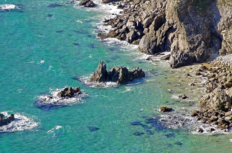 Rocky coastline with cliffs and turquoise water, Kell Beach, Achill Island, County Mayo, Ireland, Europe