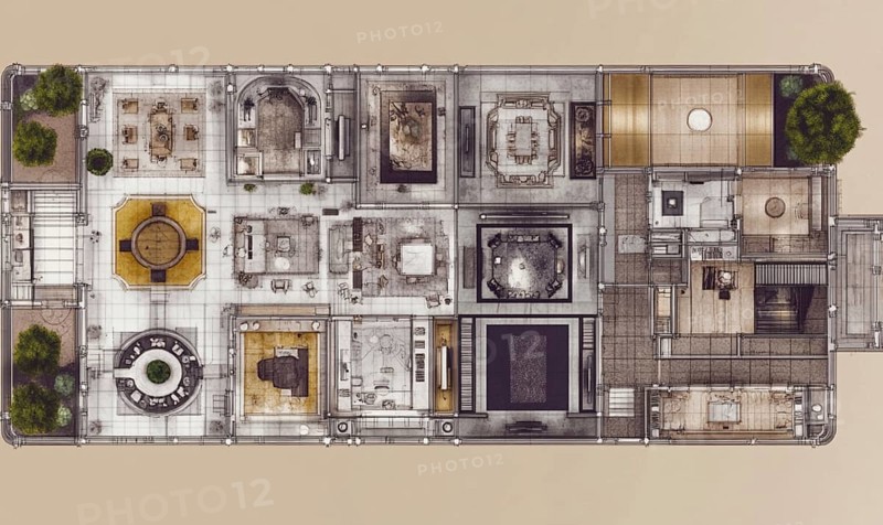A modern, minimalistic floor plan of an industrial interior with wooden accents, detailing the architecture and room layout, AI generated