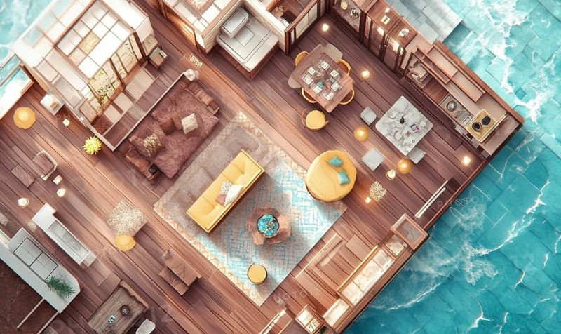 A cozy houseboat's floor plan showcasing modern interior design with wood flooring and tasteful decor, set on the water, AI generated