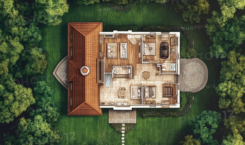 Aerial view of a house floor plan surrounded by lush greenery revealing the layout of various rooms and interior design, AI generated