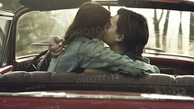 Couple kissing passionately inside a vintage car at sunset, evoking romance, AI generated
