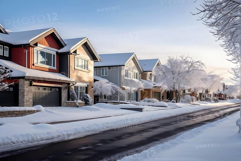 A serene suburban street in winter with snow, AI generated