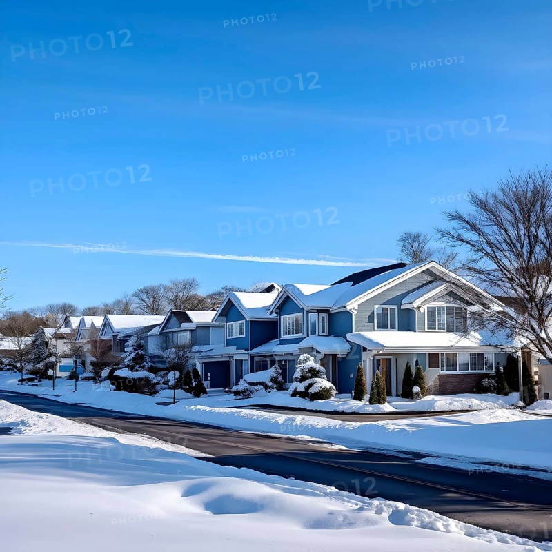 A serene suburban street in winter with snow, AI generated