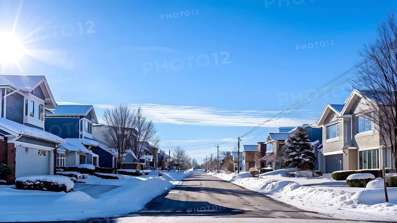 A serene suburban street in winter with snow, AI generated