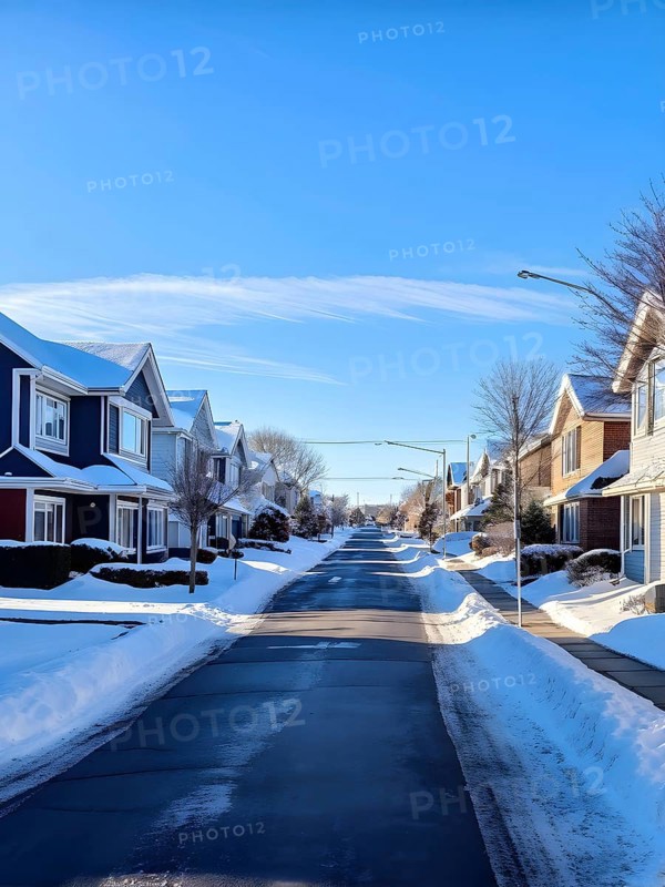 A serene suburban street in winter with snow, AI generated