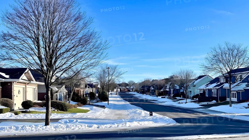 A serene suburban street in winter with snow, AI generated
