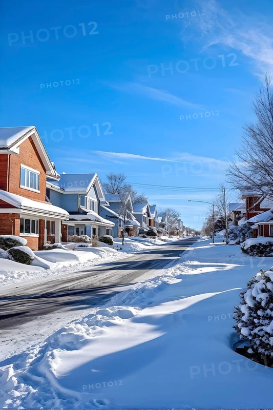 A serene suburban street in winter with snow, AI generated