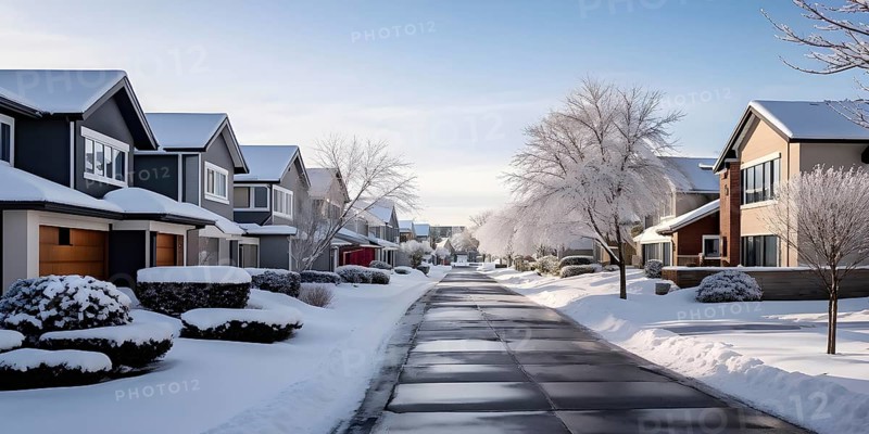 A serene suburban street in winter with snow, AI generated