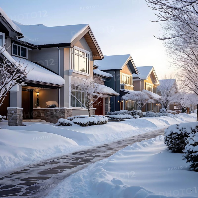 A serene suburban street in winter with snow, AI generated