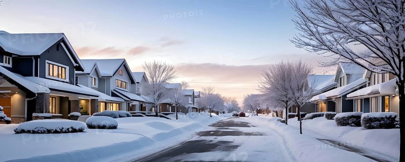 A serene suburban street in winter with snow, AI generated