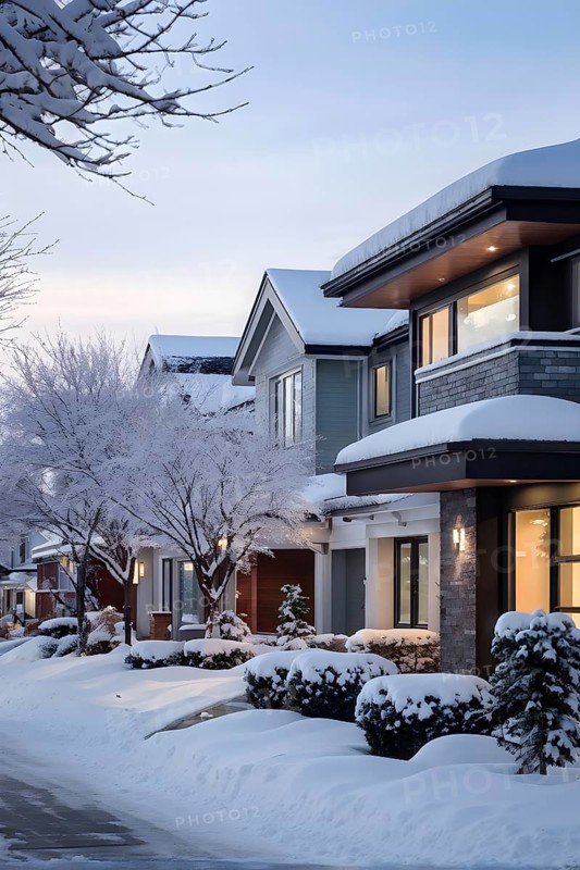 A serene suburban street in winter with snow, AI generated