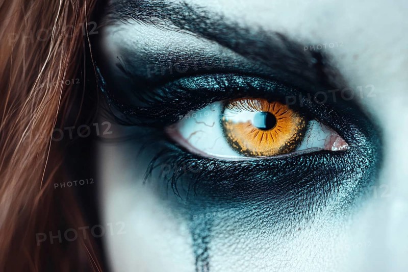 Woman's dark Halloween eye makeup with orange contact lenses. Generative Ai, AI generated