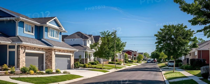 A serene suburban street with blooming plants under a bright sky, AI generated