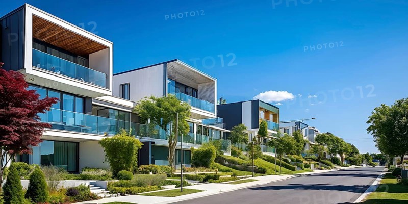A serene suburban street with blooming plants under a bright sky, AI generated