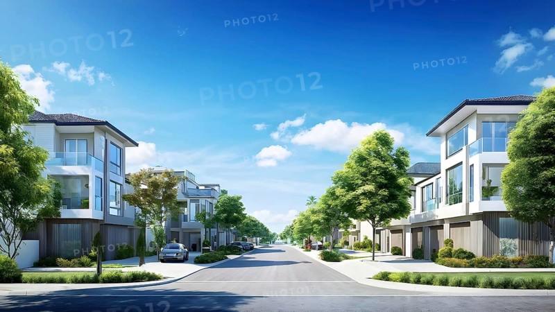 A serene suburban street with blooming plants under a bright sky, AI generated