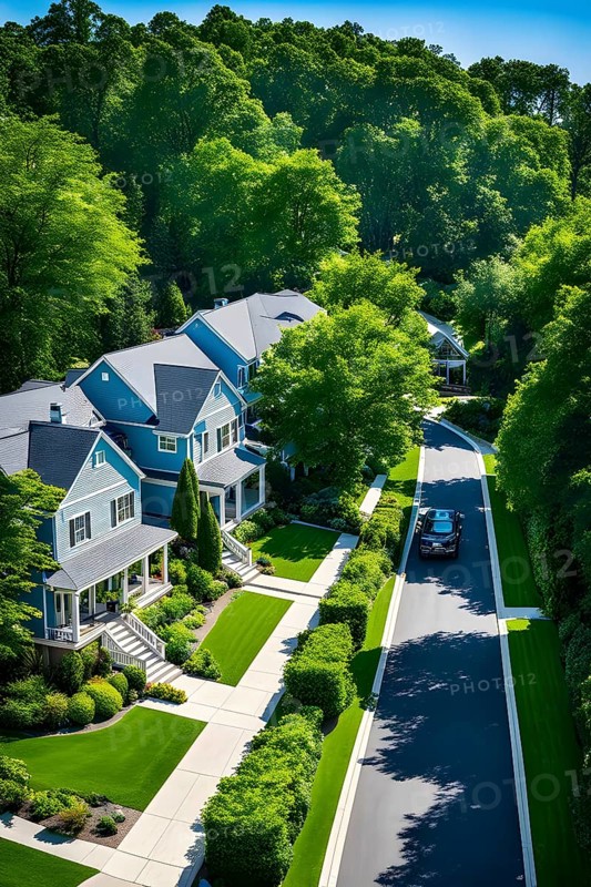 A serene suburban street with blooming plants under a bright sky, AI generated
