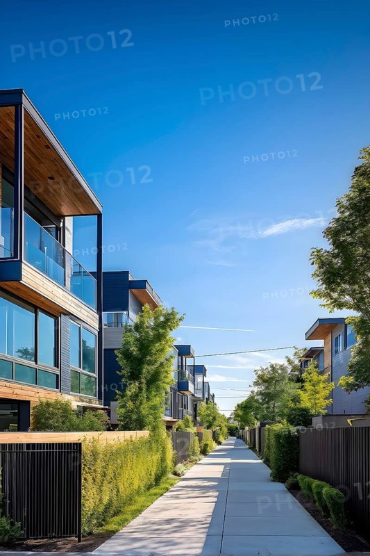 A serene suburban street with blooming plants under a bright sky, AI generated