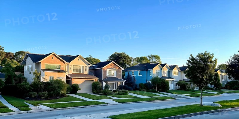 A serene suburban street with blooming plants under a bright sky, AI generated