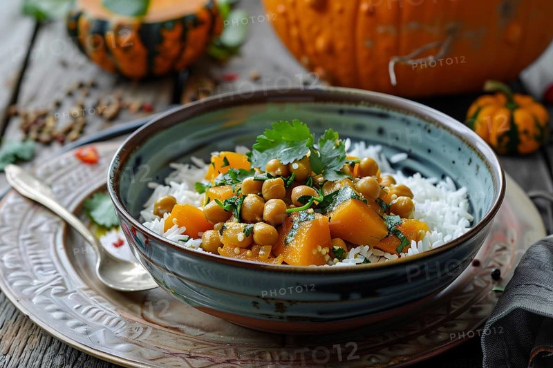 Bowl with curry with pumpkins, chick peas and jasmin rice. Generative Ai, AI generated