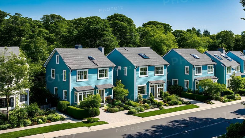 A serene suburban street with blooming plants under a bright sky, AI generated