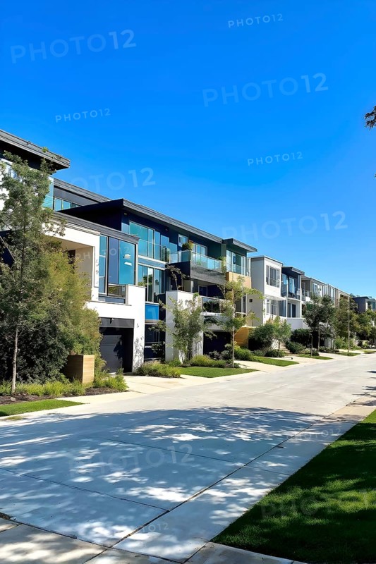 A serene suburban street with blooming plants under a bright sky, AI generated
