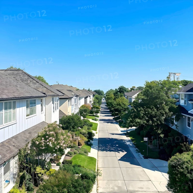 A serene suburban street with blooming plants under a bright sky, AI generated